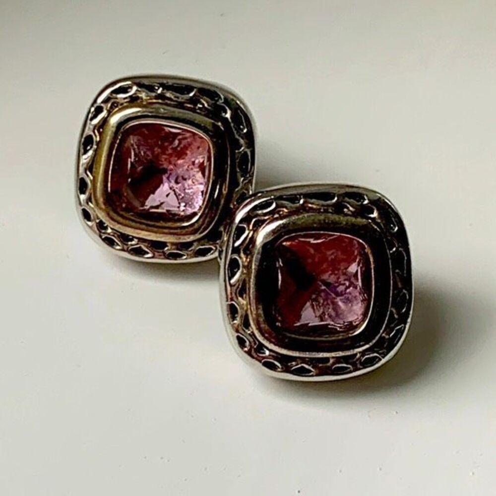 Pair of Balinese Style Faux Morganite Square Chunky Pink Gem Earrings
